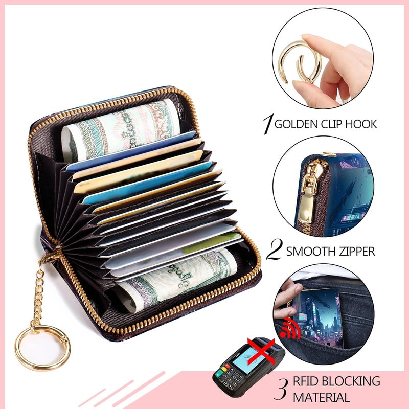 Blusabaca Cyberpunk Neon Art Credit Card Holder for Women, Small RFID Wallet with Zipper, Card Keychain Wallet, Leather Card Case, Business RFID Blocking Accordion Purse Wallet Gift - Image 4